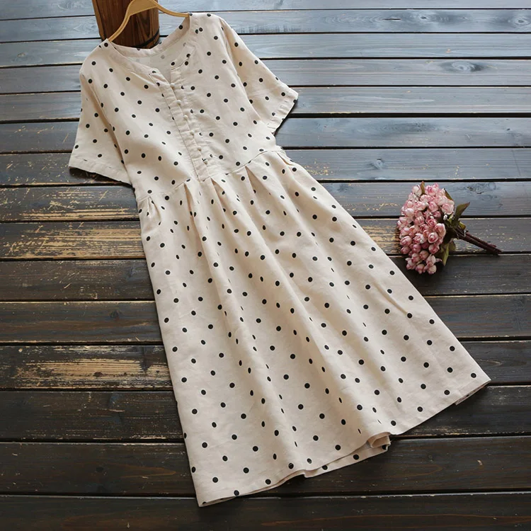 Летнее женское японское простое платье в горошек с короткими рукавами из хлопка