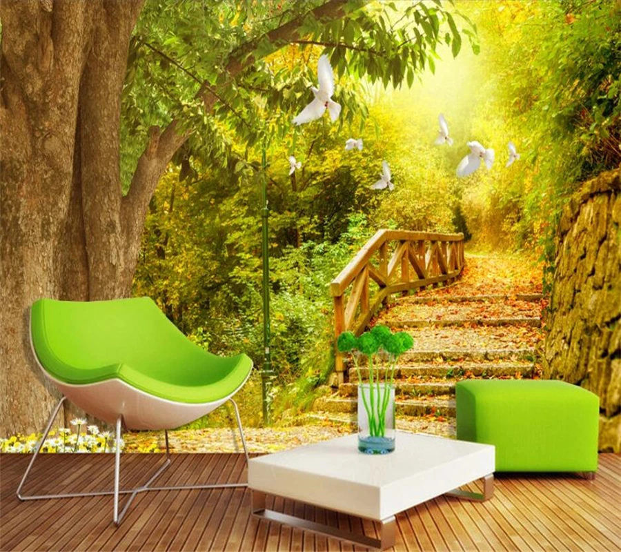 Обои на заказ 3D fresh big tree plank road dove ТВ Фон Стена гостиная спальня ресторан отель