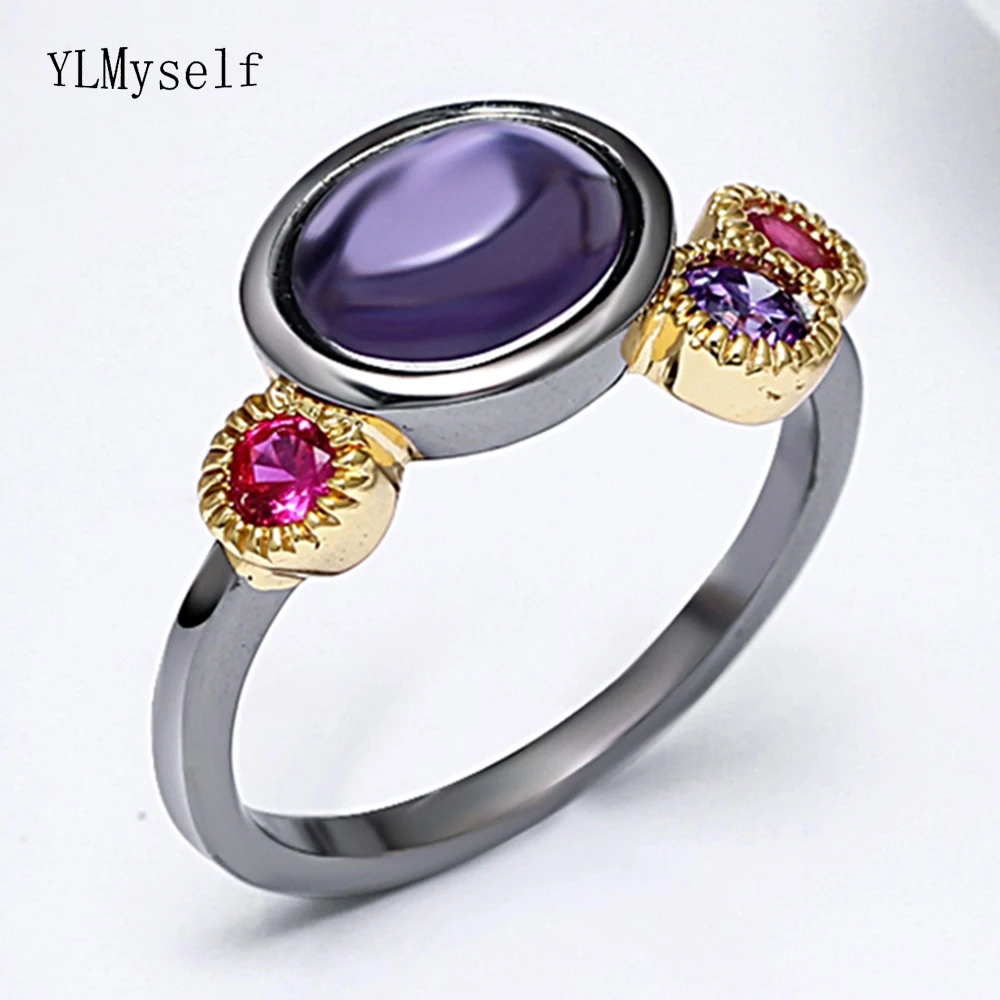 Женское кольцо с фиолетовым камнем большое разноцветное кристаллами