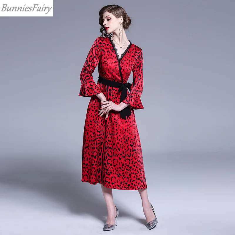 BunniesFairy 2019 весеннее женское подиумное винтажное Ретро красное леопардовое платье