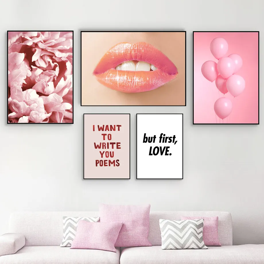 

Pink Balloon Peony Flower Girl Lips Quote Wall Art Canvas Painting Nordic Posters And Prints Wall Pictures For Living Room Decor