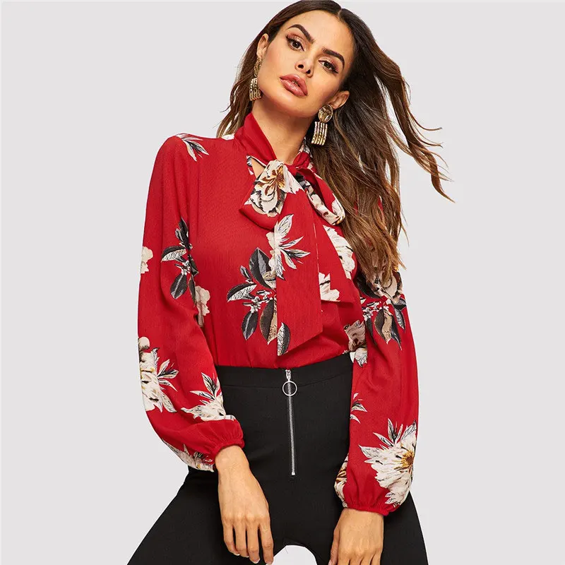 SHEIN Стильный Топ С Цветочным Принтом Женские Осенние Элегантные Блузки С Цветочным Принтом И Длинным Рукавом