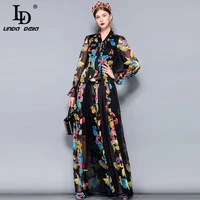 ld linda della summer runway maxi dress women long sleeve bow collar vintage floral print chiffon party holiday long dress robe