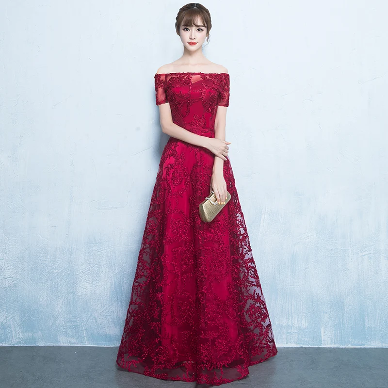 Noble Women Off Shoulder Full Length Appliques Cheongsam Elegant Evening Party Gowns Royal Classic Red Bridesmaid Wedding Dress |