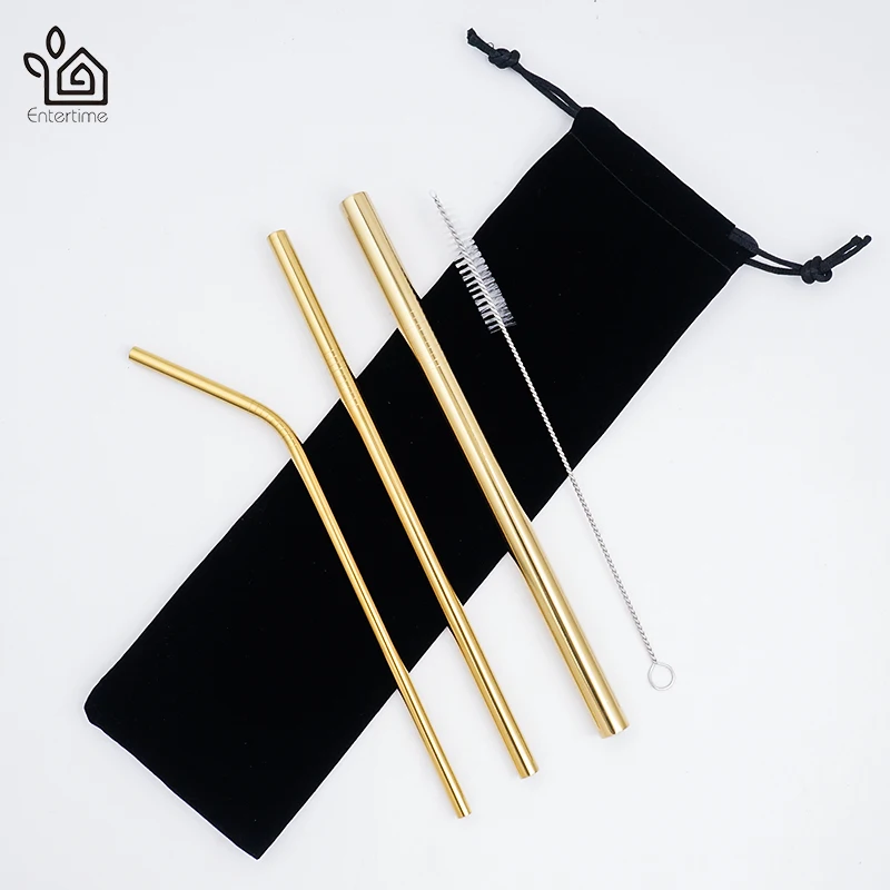 Entertime Set of 3pcs reusable Stainless Steel Drinking Straws smoothie straws+1 pc cleaner brush with pouch bag 3 sets/lot | Дом и сад