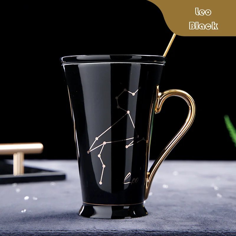 Leo black Wourmth 12 созвездий кружки белый и золотой костяной фарфор кофе молоко кружка с ложкой из нержавеющей стали Зодиак керамическая чашка - Цвет: Leo black