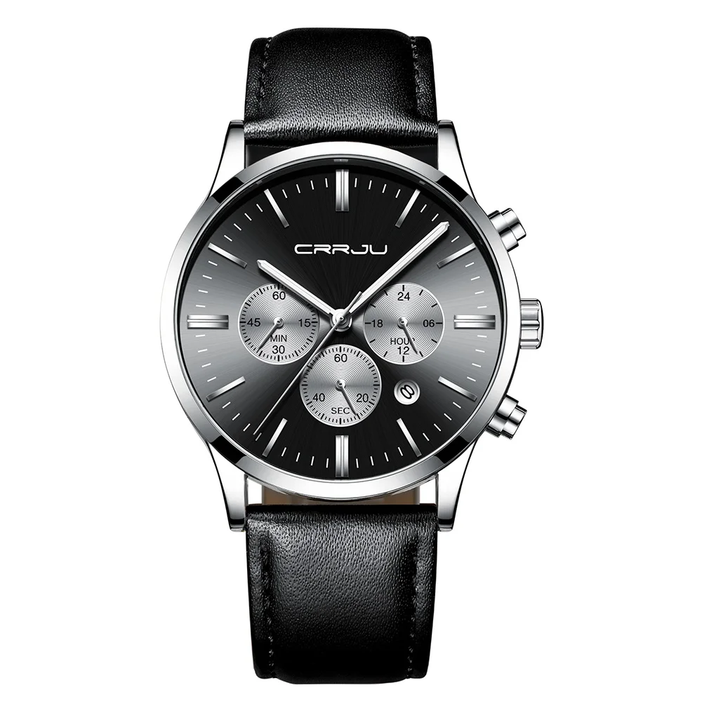 Leather silver black Relojes часы из нержавеющей стали мужские CRRJU лучший бренд класса люкс Бизнес Кварцевые часы мужские водонепроницаемые часы horloges mannen - Цвет: Leather silver black