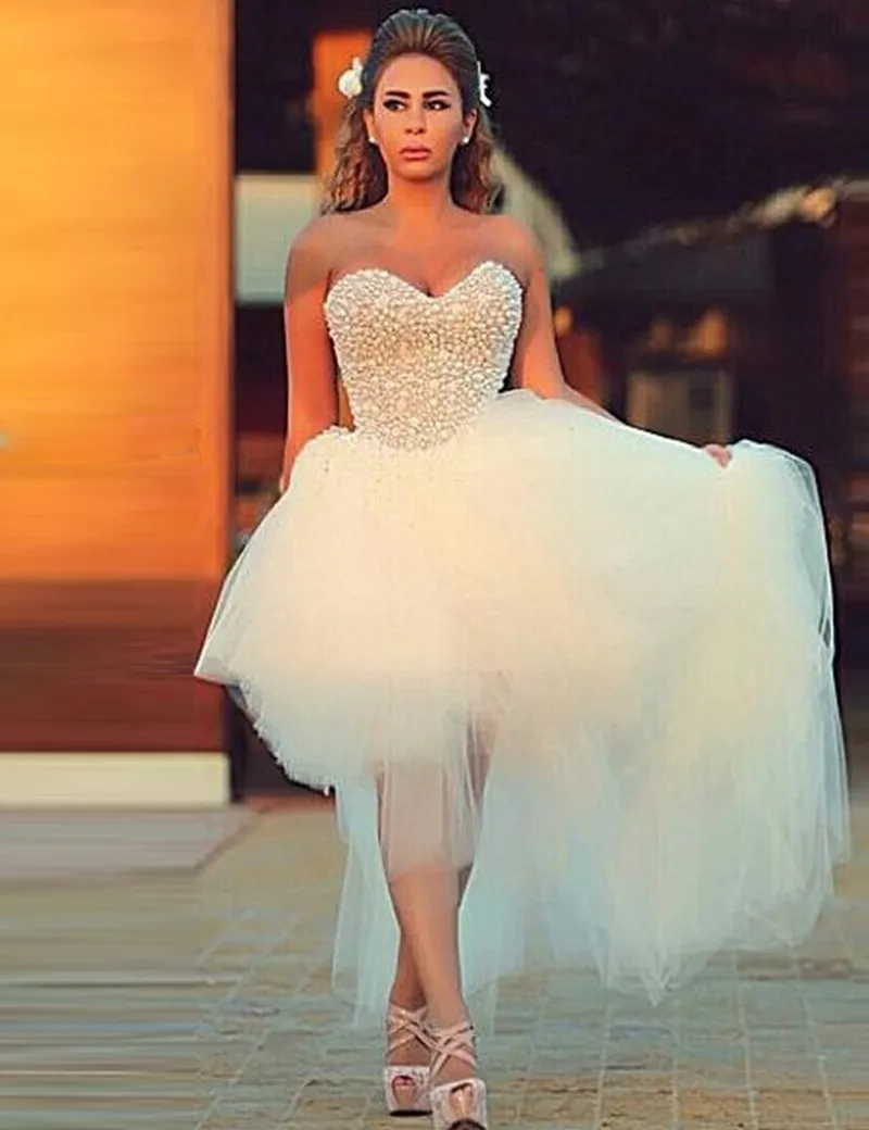 Возлюбленной с плеча жемчугом пляж свадебное платье короткий передний лонг