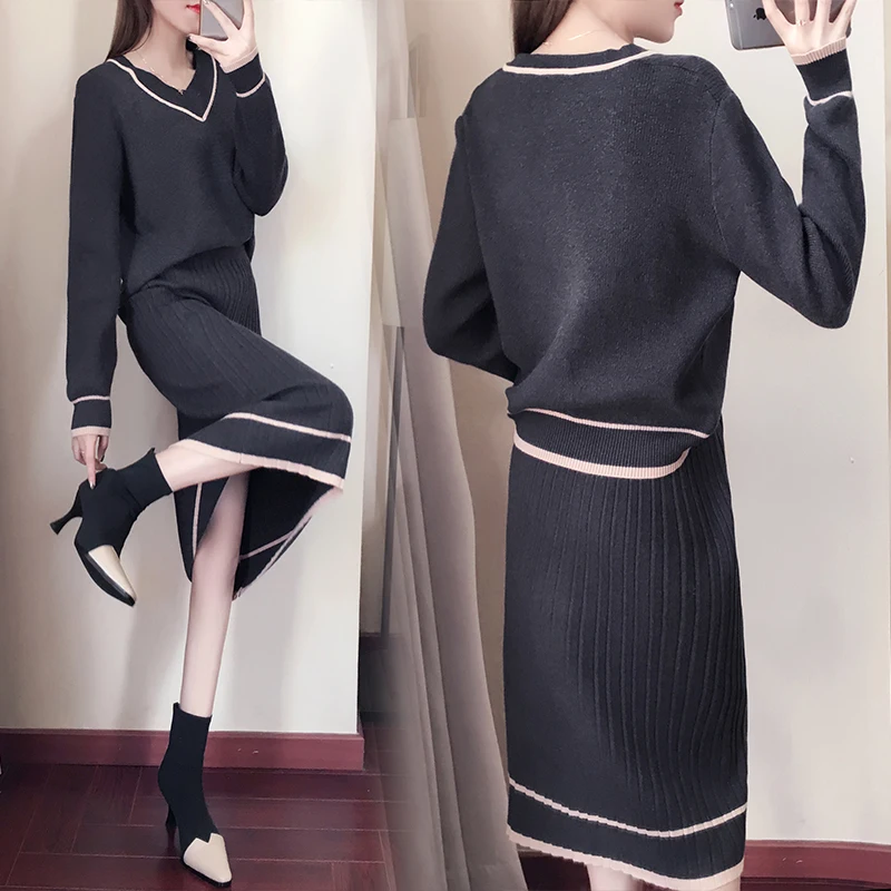 Осенние костюмы одежда свитер с длинными рукавами Трикотажный костюм юбкой