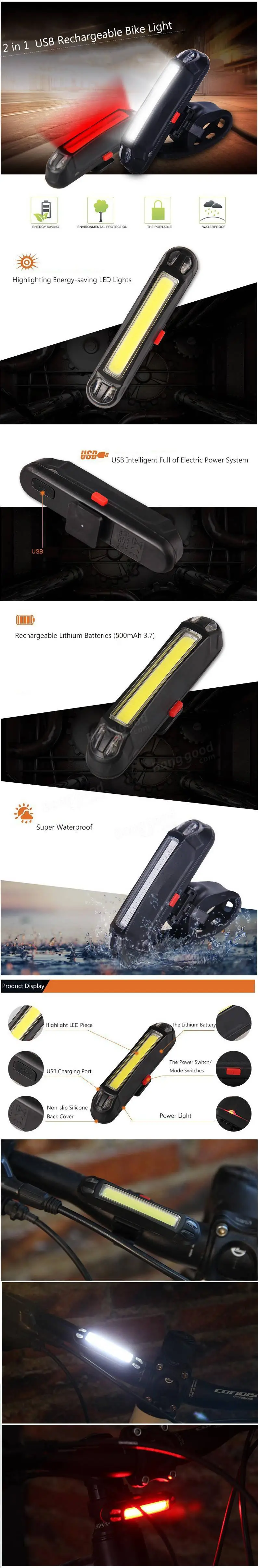 OUTERDO XANES 2 в 1 500LM велосипеда USB Перезаряжаемые светодиодный передняя фара для велосипеда светильник хвост светильник ультра-светильник для велосипеда Предупреждение ночной Светильник