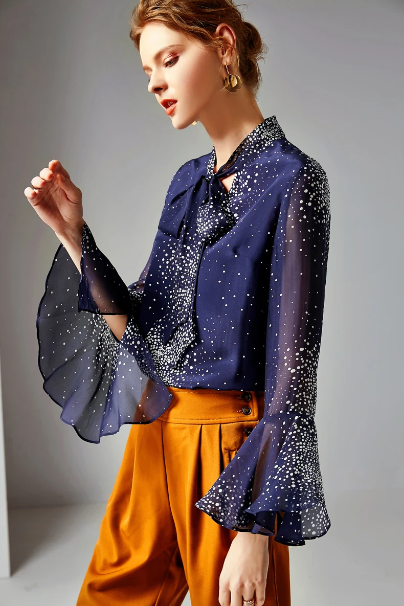 2019 100% Pure Silk Women's Runway Shirts Bow Collar Flare Sleeves Dots Printed Fashion Elegant Shirt Blouse |