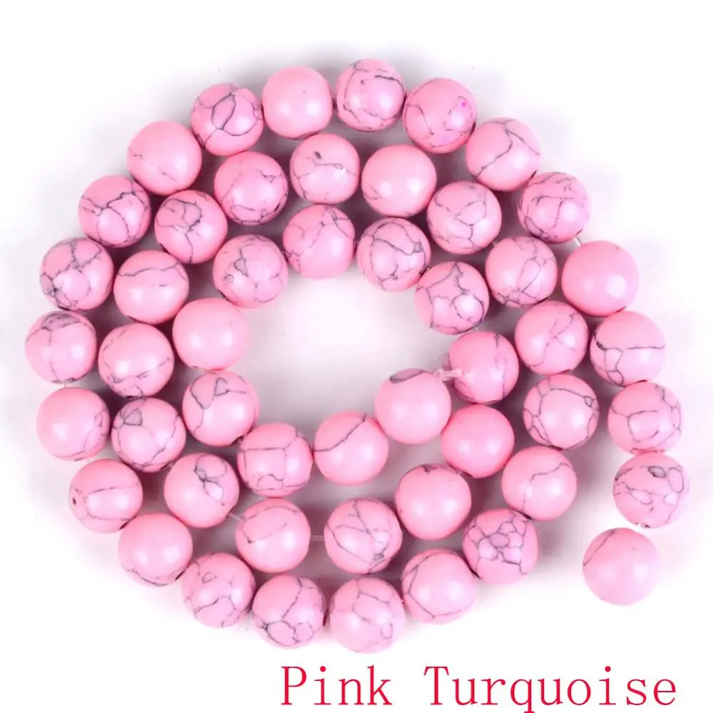 Pink turquoise Натуральные круглые бусины, черные, сумасшедшие Агаты, лабрадорит, бирюза, содалит, камни, бусины для изготовления ювелирных изделий - Цвет: Pink turquoise