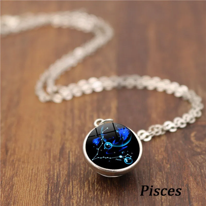 Pisces 12 Созвездие двухсторонний шар стеклянный кулон ожерелье Знак зодиака персонализированные ювелирные изделия Серебряная цепочка Ожерелье для мужчин и женщин Подарки - Окраска металла: Pisces