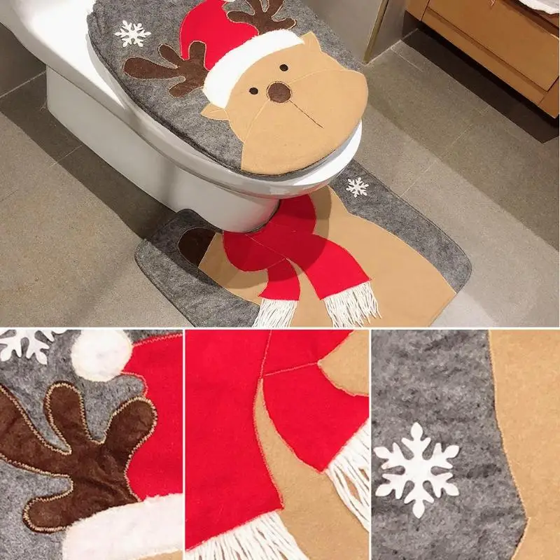 Toilet Foot Pad Seat Cover Cap Christmas Decorations Happy Santa and Rug Bathroom Accessory Claus 1 Set | Дом и сад