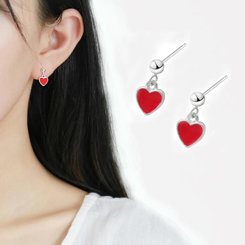 

WYEAIIR Simple Lovely Romantic Sweet Gift Red Heart Temperament Wild 925 Sterling Silver Female Dangle Earrings