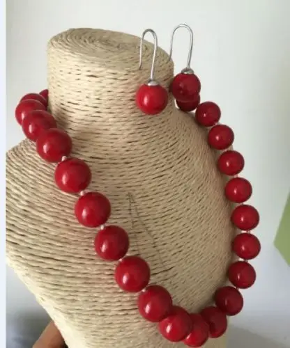 

14mm natural round red coral necklace 17~18inch earrings jewerly set