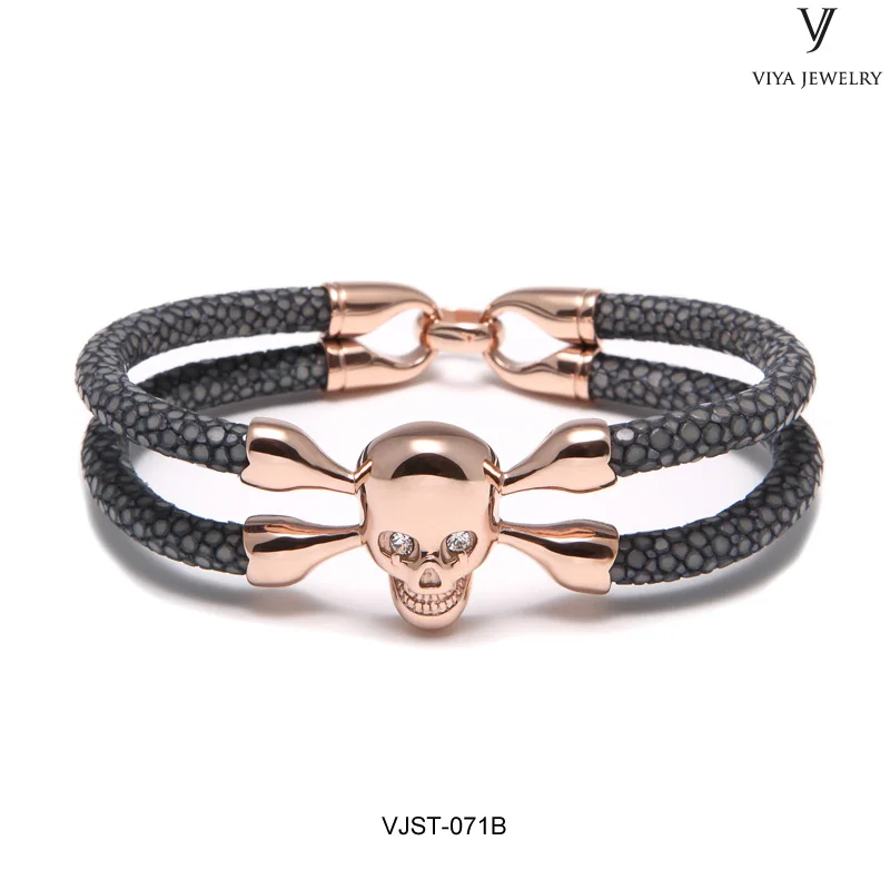 grey rose gold skull Роскошный мужской черный браслет с черепом, модный кожаный браслет с черепом с красными глазами, индивидуальный браслет из кожи ската - Окраска металла: grey rose gold skull
