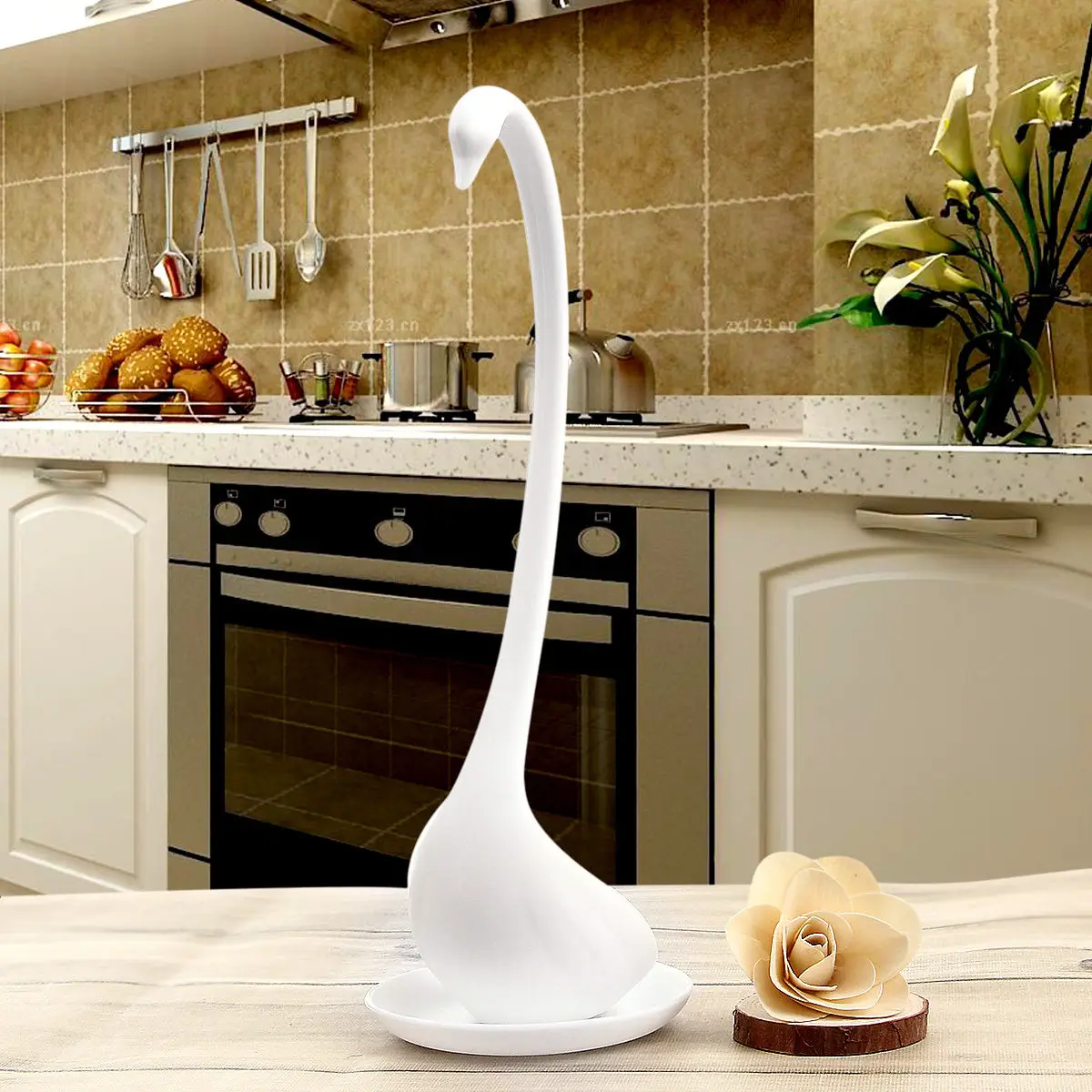 White Cute Swan Soup Ladle White/Black Design Upright Swan Spoon Kitchen+Saucer CA - Color: White