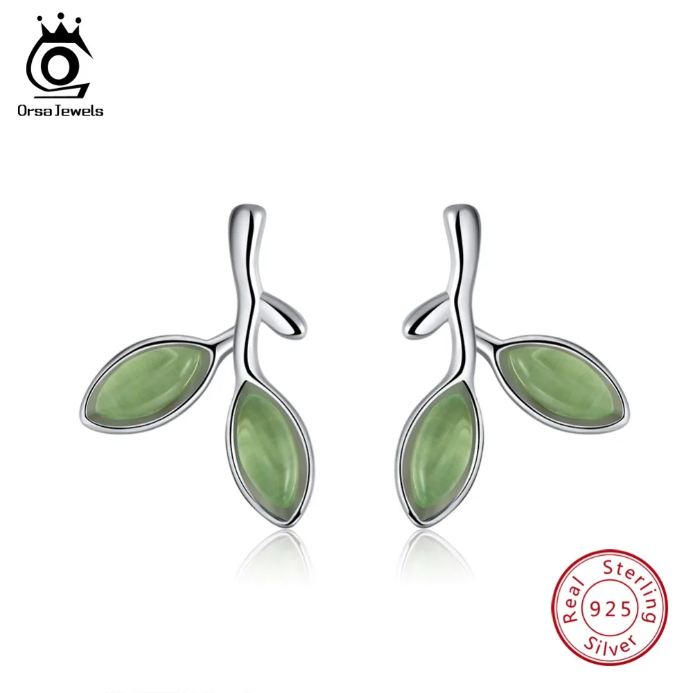 ORSA JEWELS Настоящее серебро 925 проба серьги гвоздики Модные женские ювелирные изделия зеленый прозрачный в форме листа 17 мм серебряные серьги OSE87