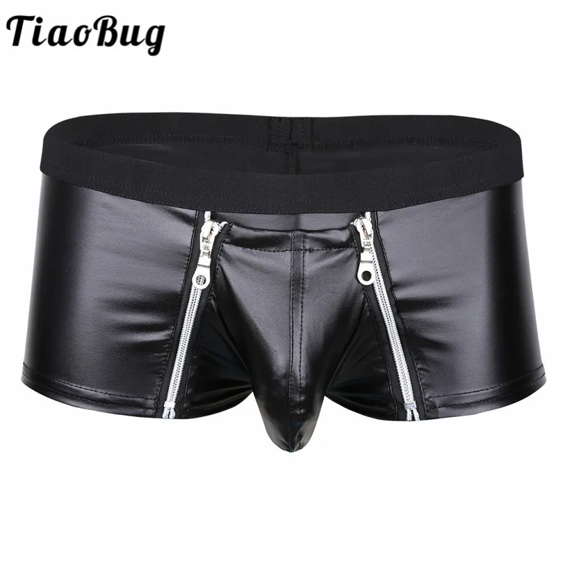 

TiaoBug Sexy Black Faux Leather Low-Rise Stretchy Men Boxer Shorts Underwear Bulge Pouch Double Zippers Closure Men Lingerie