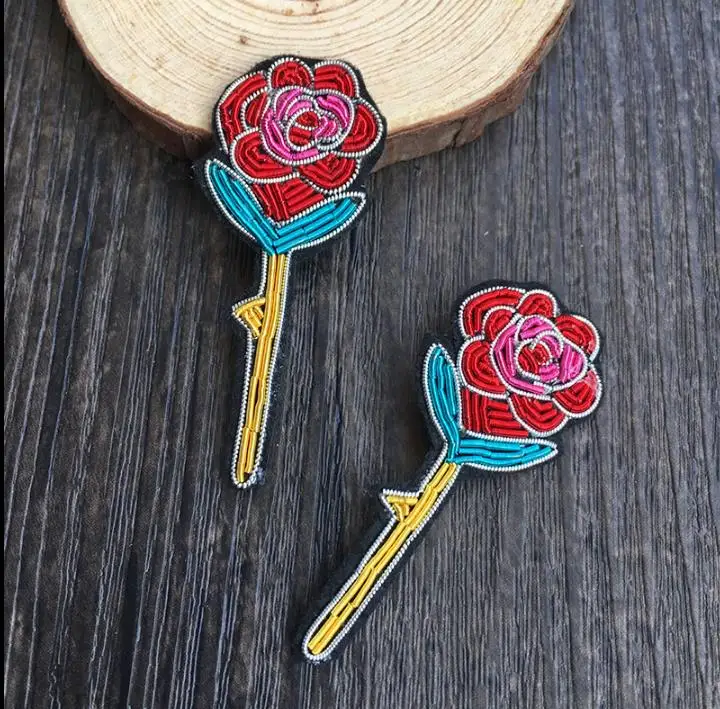 Gun Rose Emboridered Patch Brooch Indian Silk Wire Handmade Embroidered Badge Fabric Fashion Clothing DIY Craft Supply | Дом и сад