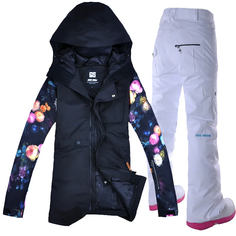 white pants Gsou зимняя куртка для женщин, лыжный костюм, женская зимняя куртка и штаны, ветрозащитная водонепроницаемая цветная одежда - Цвет: white pants
