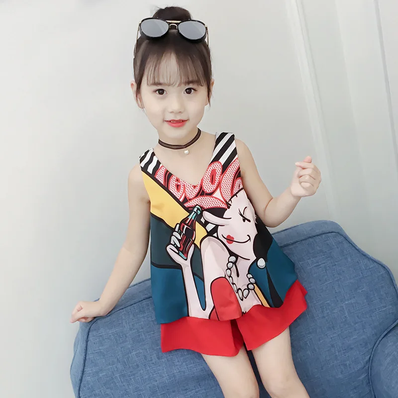 

Girls summer suit sleeveless doll shirt foreign shorts two-piece suit kids clothing children clothes girl clothes