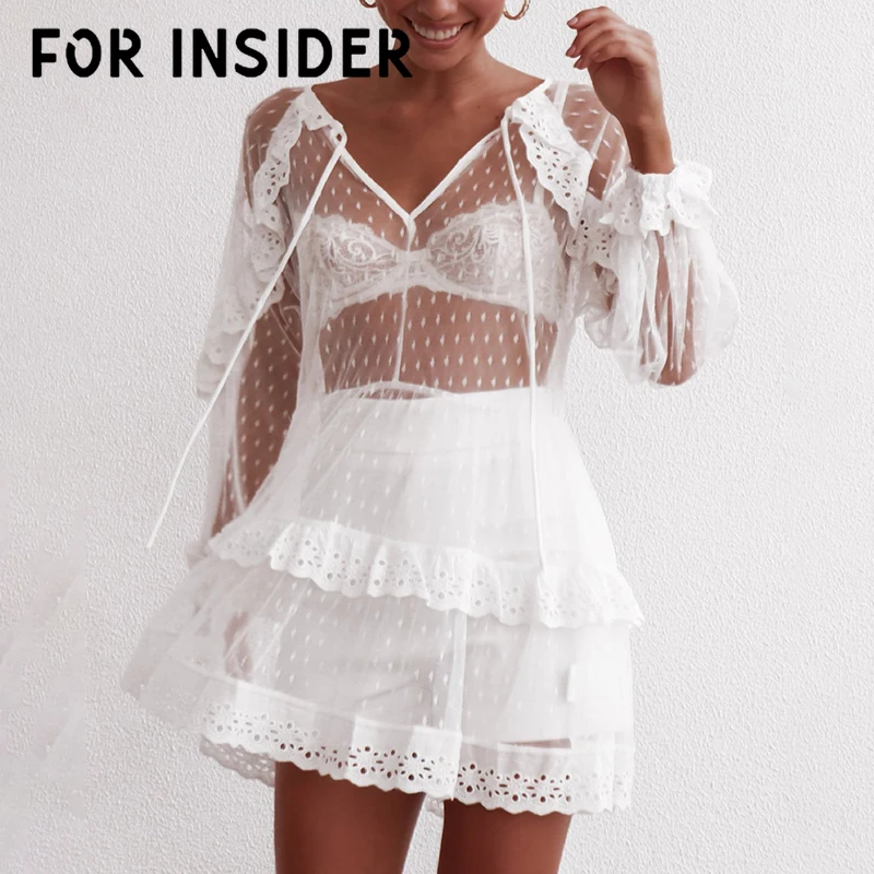 Пляжное Прозрачное платье в белый горошек с v-образным вырезом и рюшами