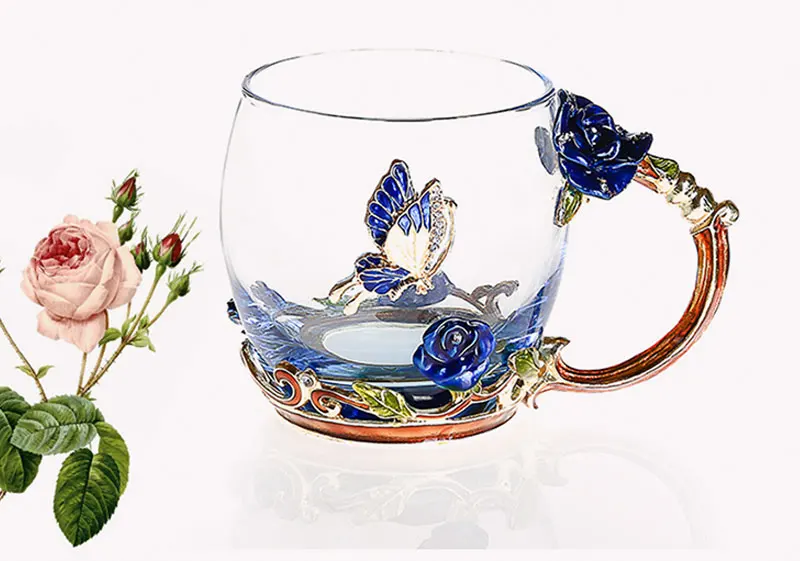 Beauty And Novelty Enamel Coffee Cup Mug Flower Tea Glass Cups for Hot and Cold Drinks Tea Cup Spoon Set Perfect Wedding Gift