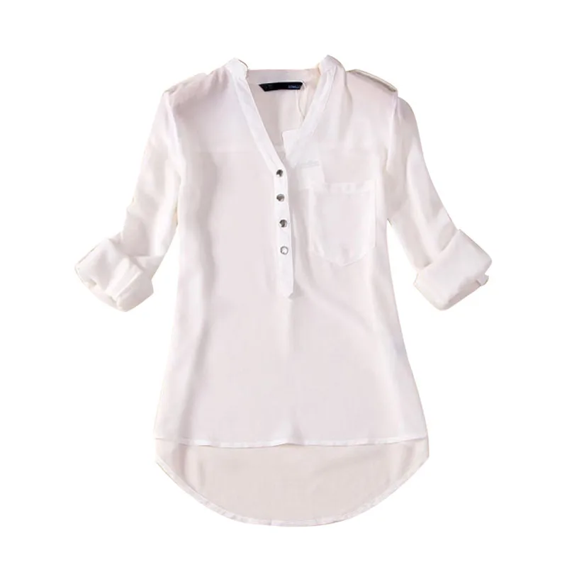Белая рубашка Chemise Femme, женская летняя шифоновая рубашка с v-образным вырезом и длинным рукавом, однотонные повседневные рубашки с карманами, топы, блузки, одежда, Camisas Mujer