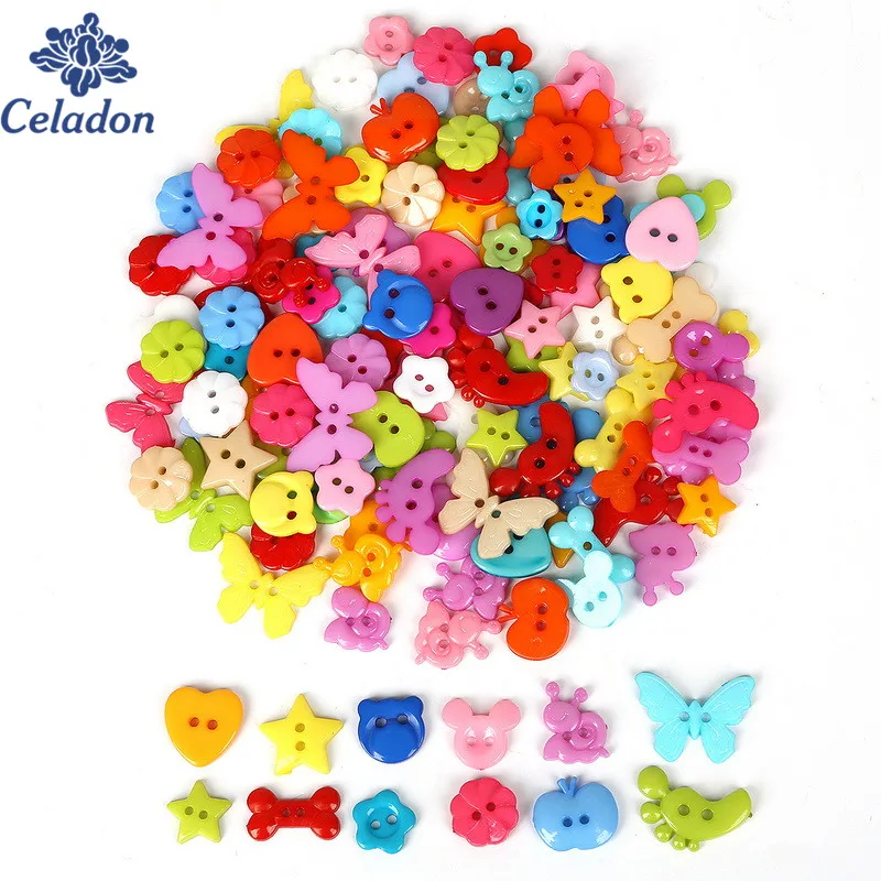 Пуговицы с сердечками/бабочками/яблоко 2 отверстия скрапбукинг 14 размеров