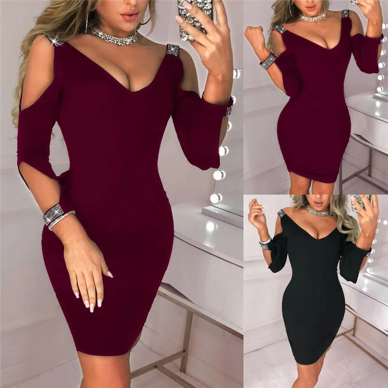 Женское сексуальное платье с открытыми плечами глубоким v-образным вырезом