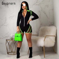 beyprern fashion zip up striped workout romper plus size sexy neon green mesh patchwork one piece short jumpsuit women catsuit