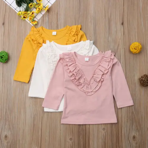 Spring Cute Casual Toddlers NEW Kids Baby Girl Vintage Ruffled Collar Solid Cotton O-Neck Long Sleeve Tops T Shirt Blouse | Мать и