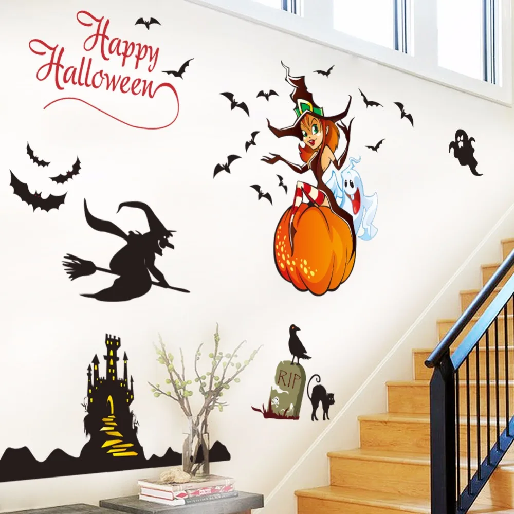 Happy Halloween Wall Stickers for Party Club Bar Living room Decor Removable Vinyl Lovely Witch Ghost Decals Art Murals dc5 | Дом и сад