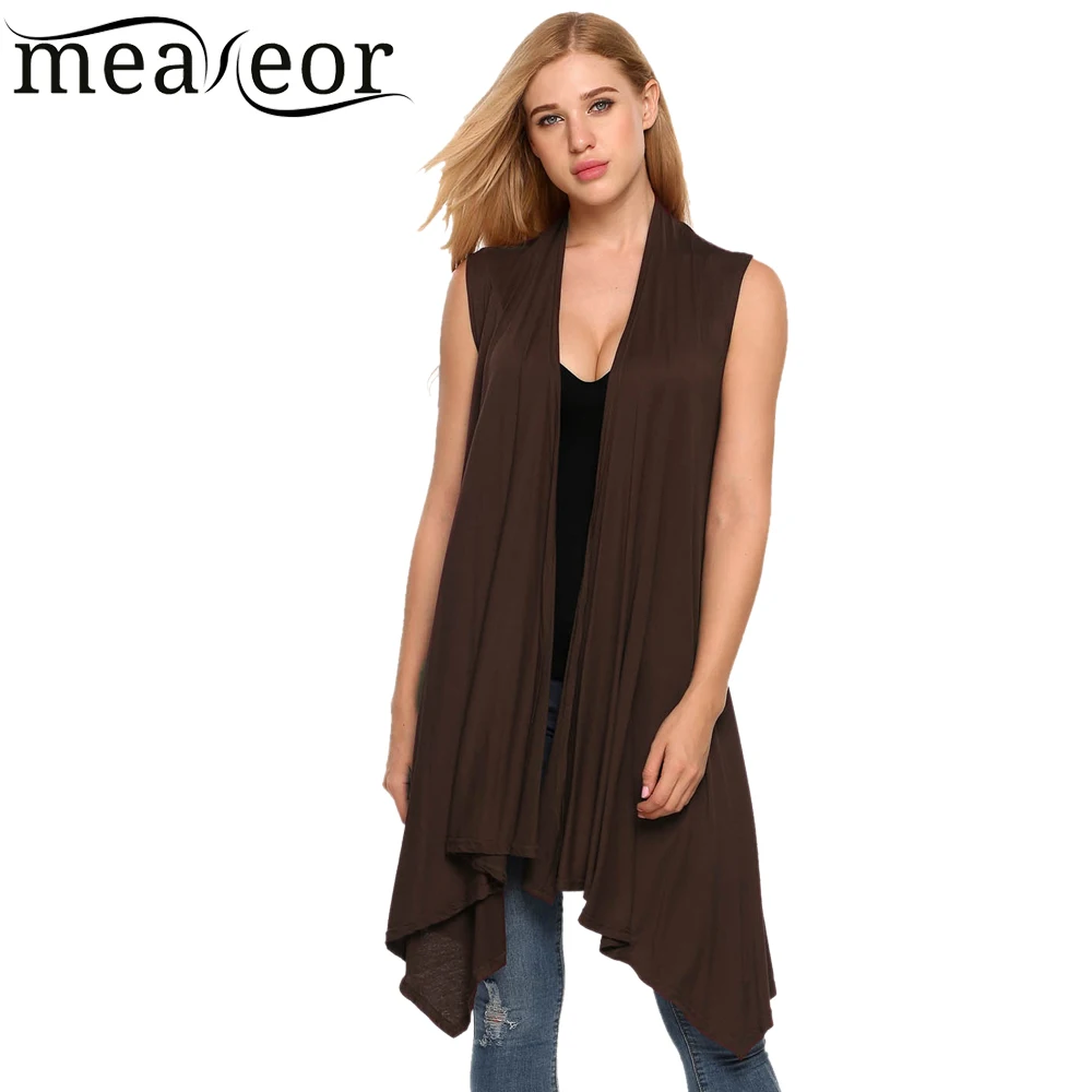 Meaneor Women Vest Sleeveless Cardigan Casual Draped Asymetric Hem Open Front Solid Black Feminino Long Sweater Coat |