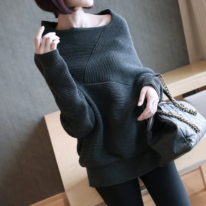 Irregular Collar Sweater Women Winter Female Off Shoulder Batwing Sleeve Pullovers Knitwear Warp 2018 Plus Size Befree Cloth | Женская