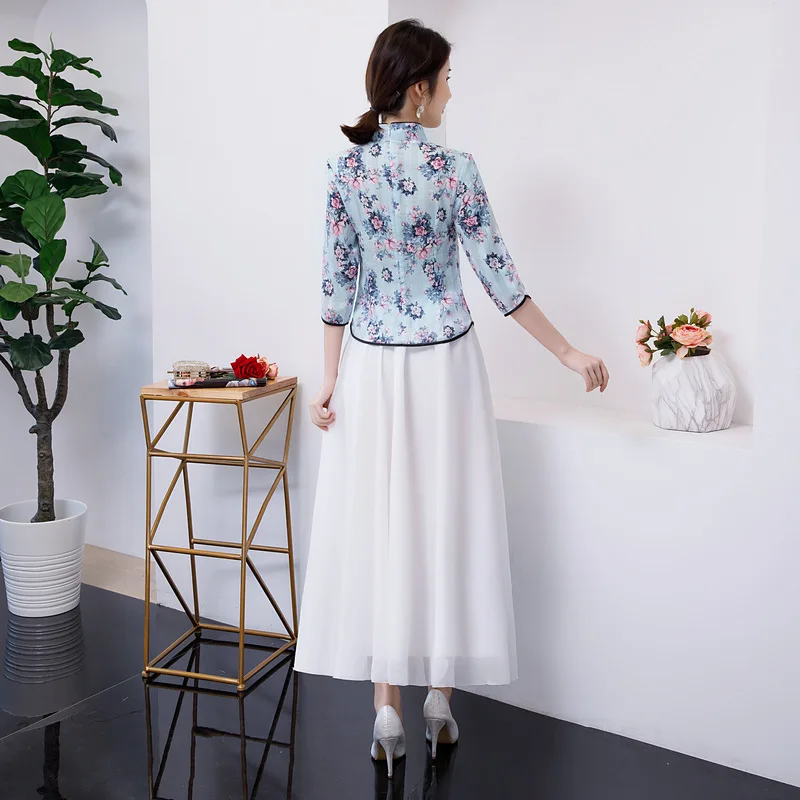 

New Summer Womens Blouse Skirt Sets Traditional Chinese 2pc Shirt Mandarin Collar Cheongsam Button Dress Plus Size S-XXL