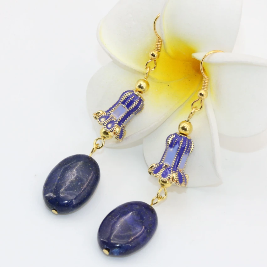 Винтажный стиль оригинальный дизайн lapis lazuli золотистые длинные висячие серьги