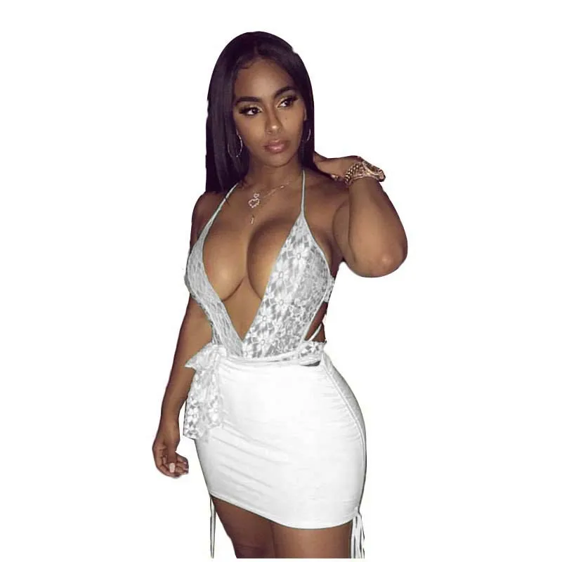white two piece set Adogirl Флуоресцентный цвет женский костюм из двух предметов платье сексуальный v-образный вырез костюм с открытой спиной, на бретельках+ облегающая мини-юбка Клубные вечерние костюмы - Цвет: white two piece set