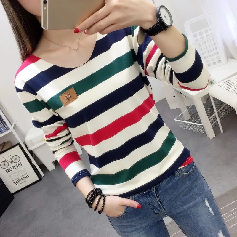 Women Autumn Long Sleeve T-shirt Colored Stripe Lady Loose Fit Cotton Winter Basic Girls Tops t shirts H9 | Женская одежда