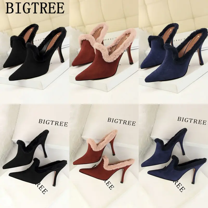 Мокасины меховые тапочки туфли без задника женские пикантные на высоком каблуке