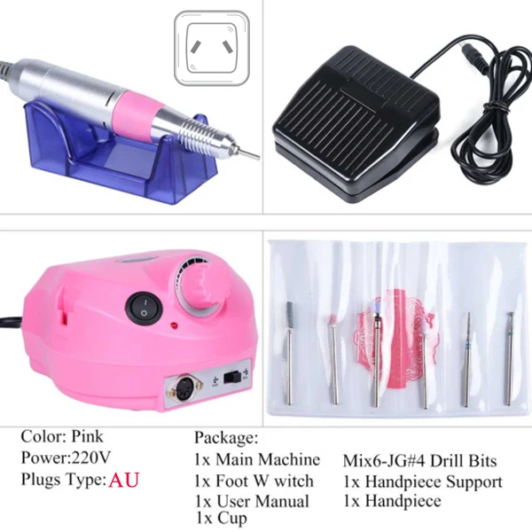 AU-Pink220V Mix6JG04 30000 об/мин Электрическая дрель для ногтей, машинка для маникюра, педикюра, аксессуары для ногтей, набор с пилочкой для ногтей, набор сверл, инструменты, CH925-1 - Цвет: AU-Pink220V Mix6JG04