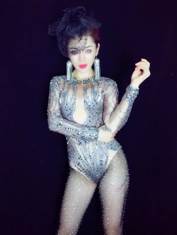 Sparkly Rhinestones Elastic Long Sleeve Bodysuit Bar Club Women Singer Stage Outfit Sexy Party Show Performance Dance Costume