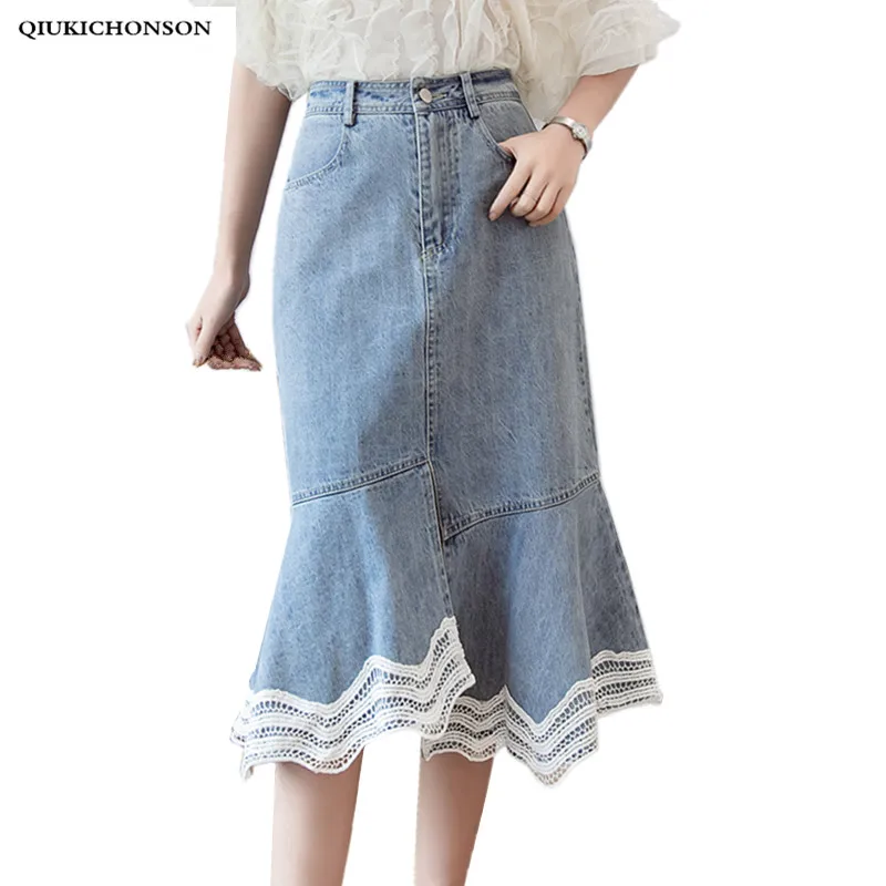 

High Waist Long Denim Skirt Women Front Slit Irregular Lace Hem Patchwork Ruffle Jeans Skirts Ladies Slim Hip Wrap Skirt saias