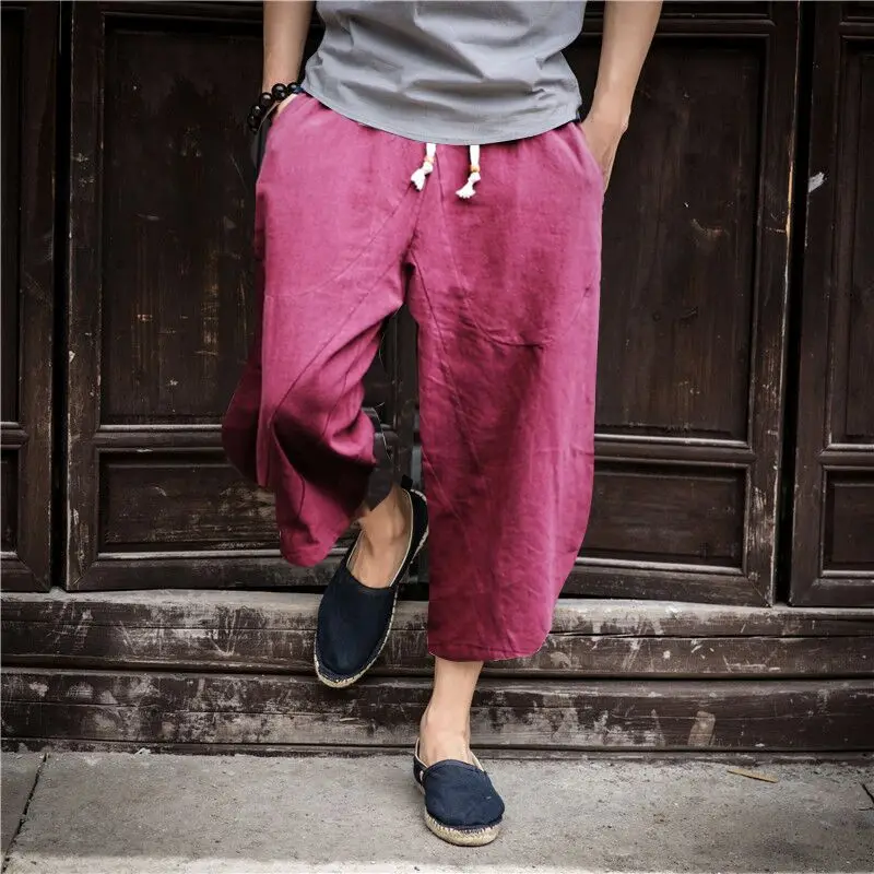 Red (Asian Size) Sinicism Store, мужские льняные укороченные кросс-брюки, брюки, мужские повседневные широкие шаровары, лето, мужские традиционные брюки "Непал" - Цвет: Red (Asian Size)