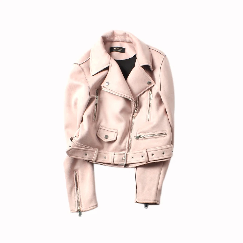 Куртка из замши весна-осень женская мотоциклетная куртка женщин узкого кроя с длинными рукавами розовая черная куртки для байкеров факсу пальто женское.