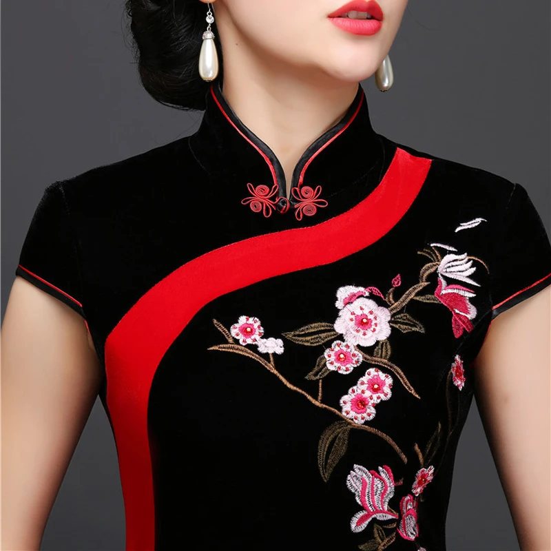 Осеннее Новое винтажное велюровое узкое длинное платье с вышитым цветком