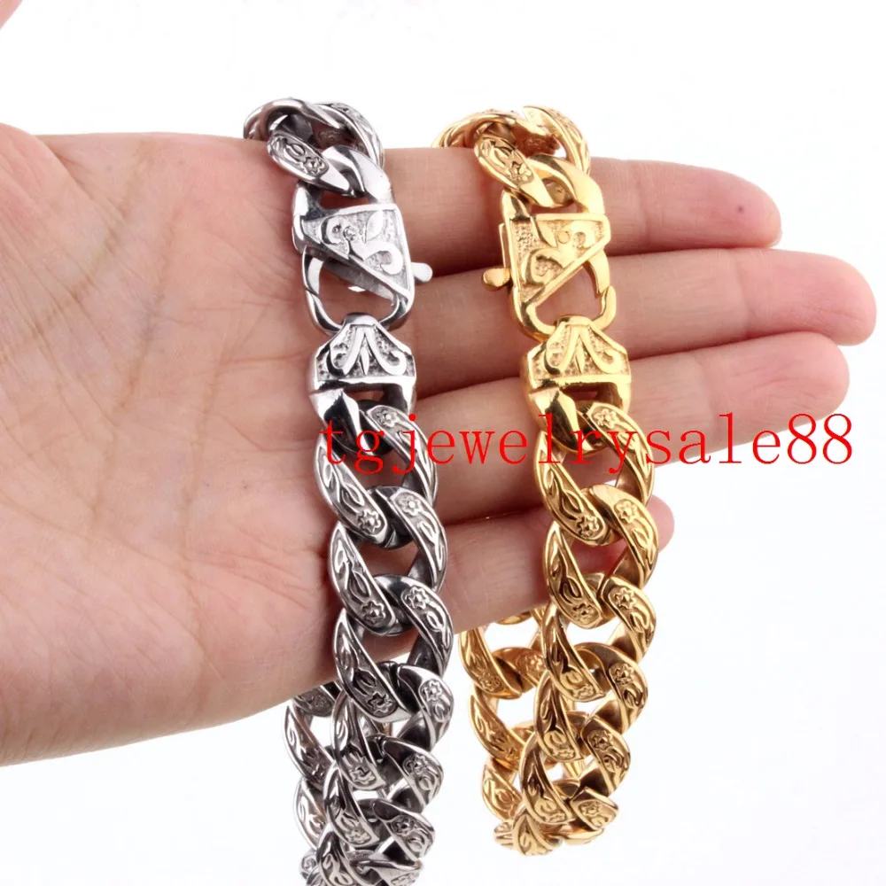 

Biker Men Bangle 15mm Solid Stainless Steel Casting Flower Cuban Curb Link Chain Bracelet Jewelry Gold Color Or Silver Color 9"
