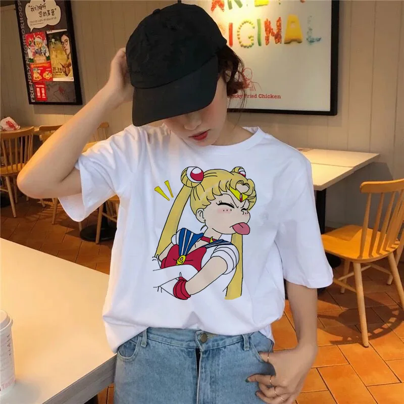 Сейлор Мун футболка Kawaii Женская летняя футболка Harajuku сладкий принт короткий рукав Ullzang футболка Женские топы футболки графический - Цвет: 2053